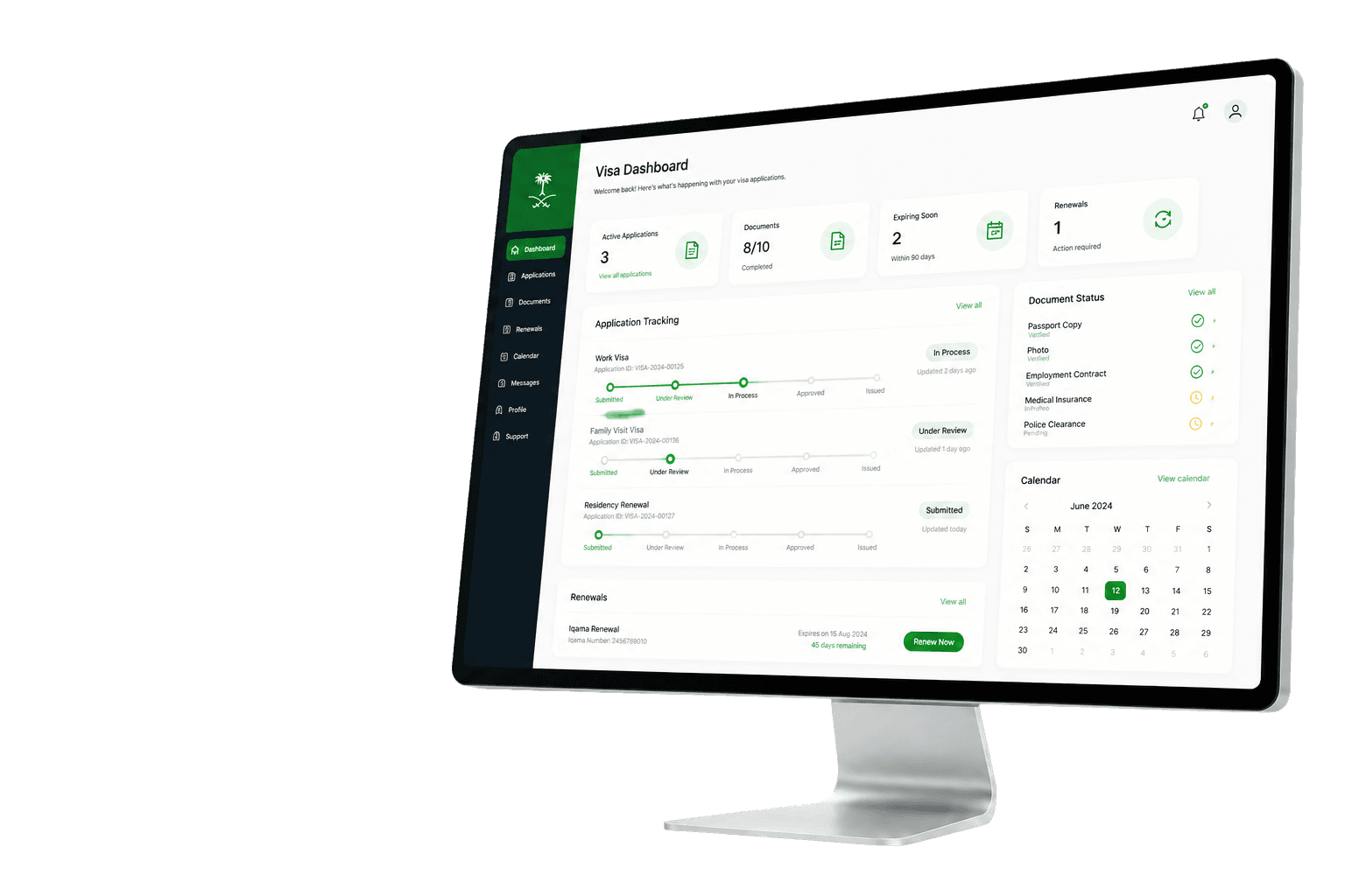Visa client dashboard displayed on a transparent-background monitor facing left