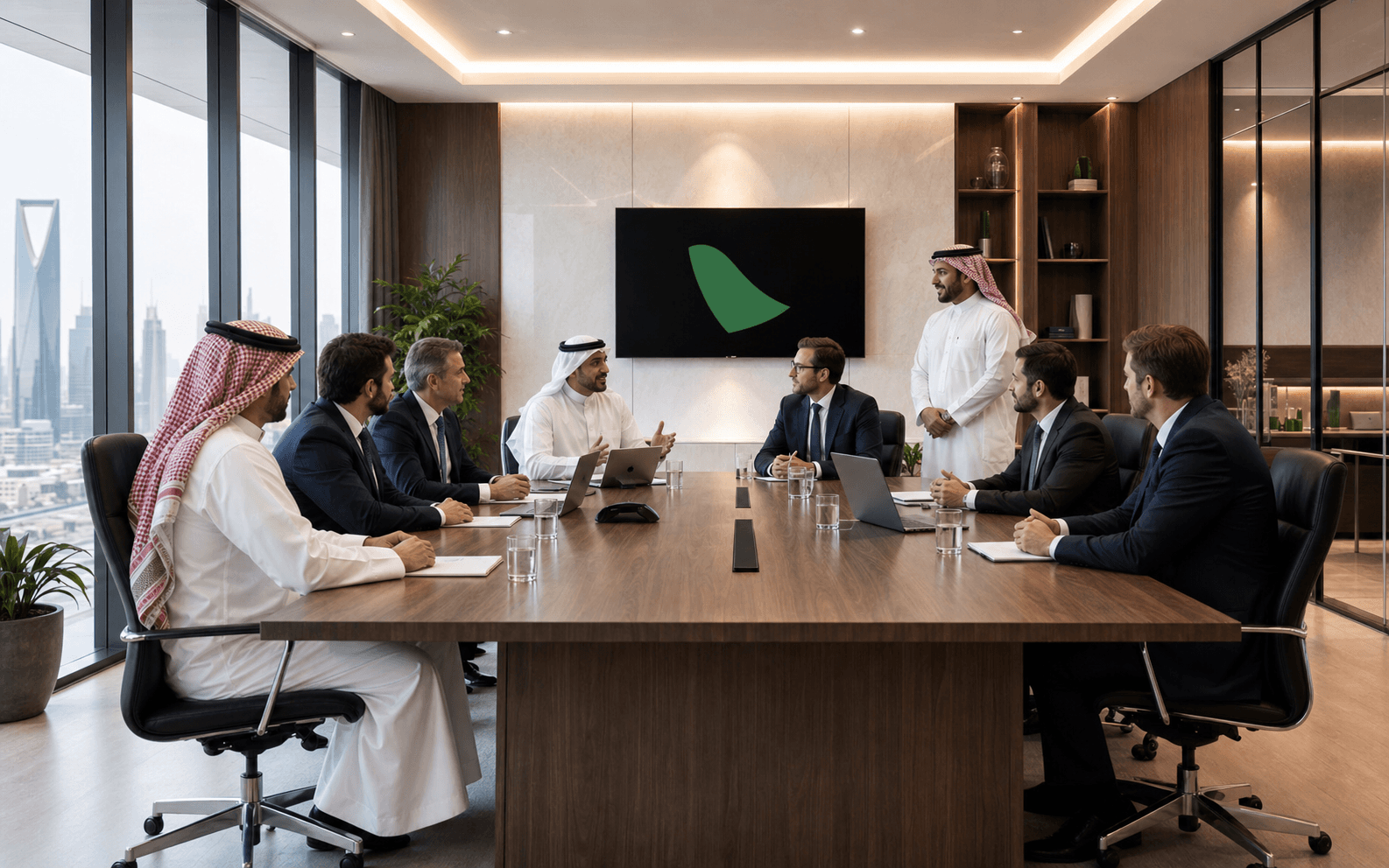 Saudi and international executives collaborating in a modern Riyadh boardroom