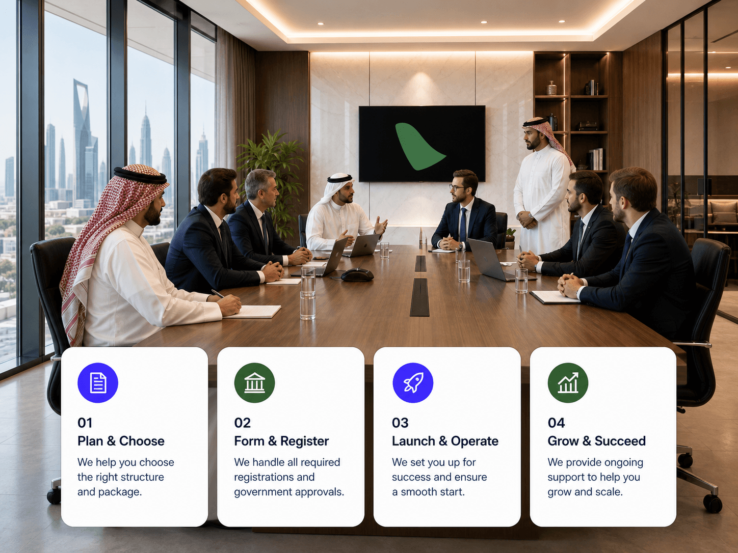 Four-step Saudi business journey: Plan and Choose, Form and Register, Launch and Operate, then Grow and Succeed