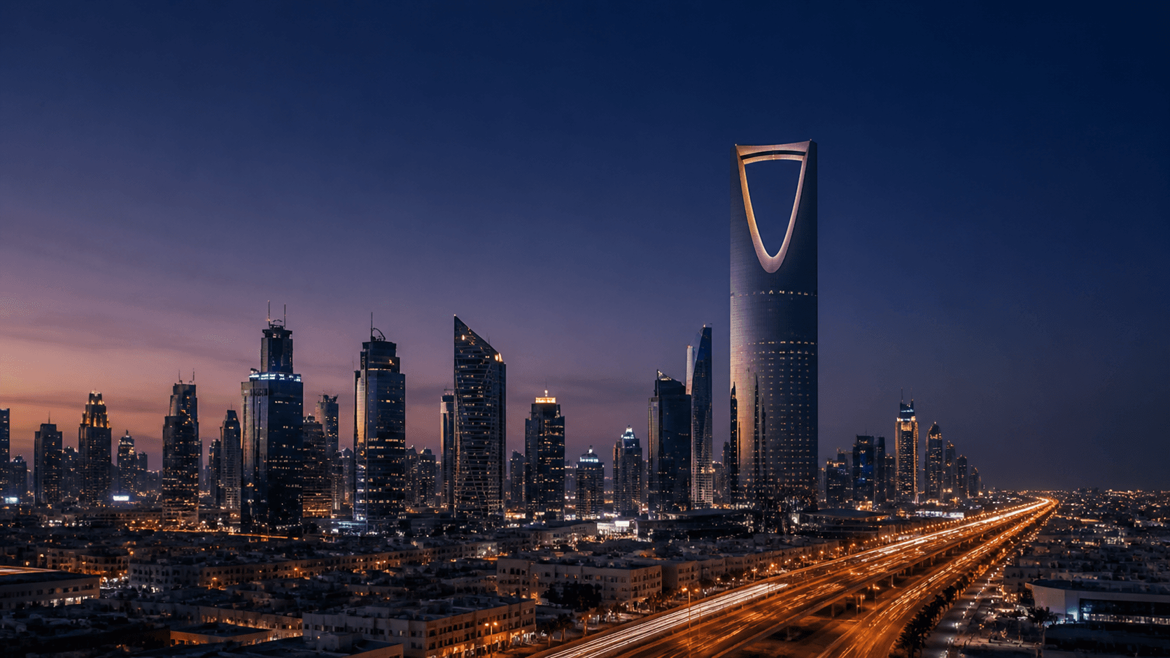 Riyadh skyline and Kingdom Centre at dusk