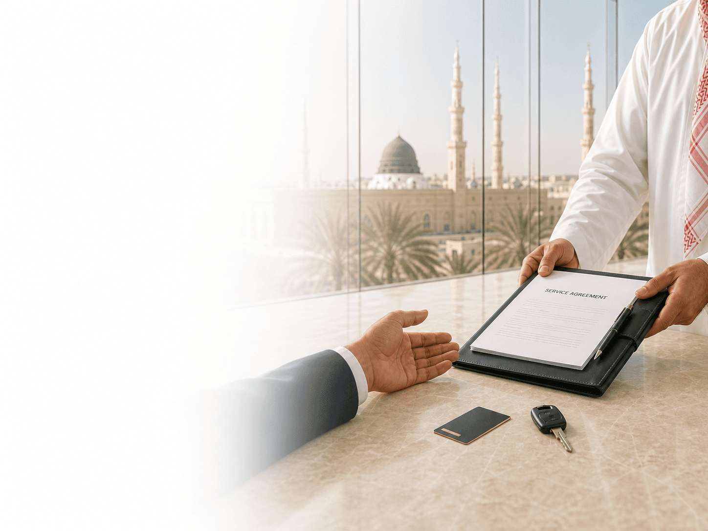 A Saudi advisor presenting a complete service agreement in a premium office overlooking Medina
